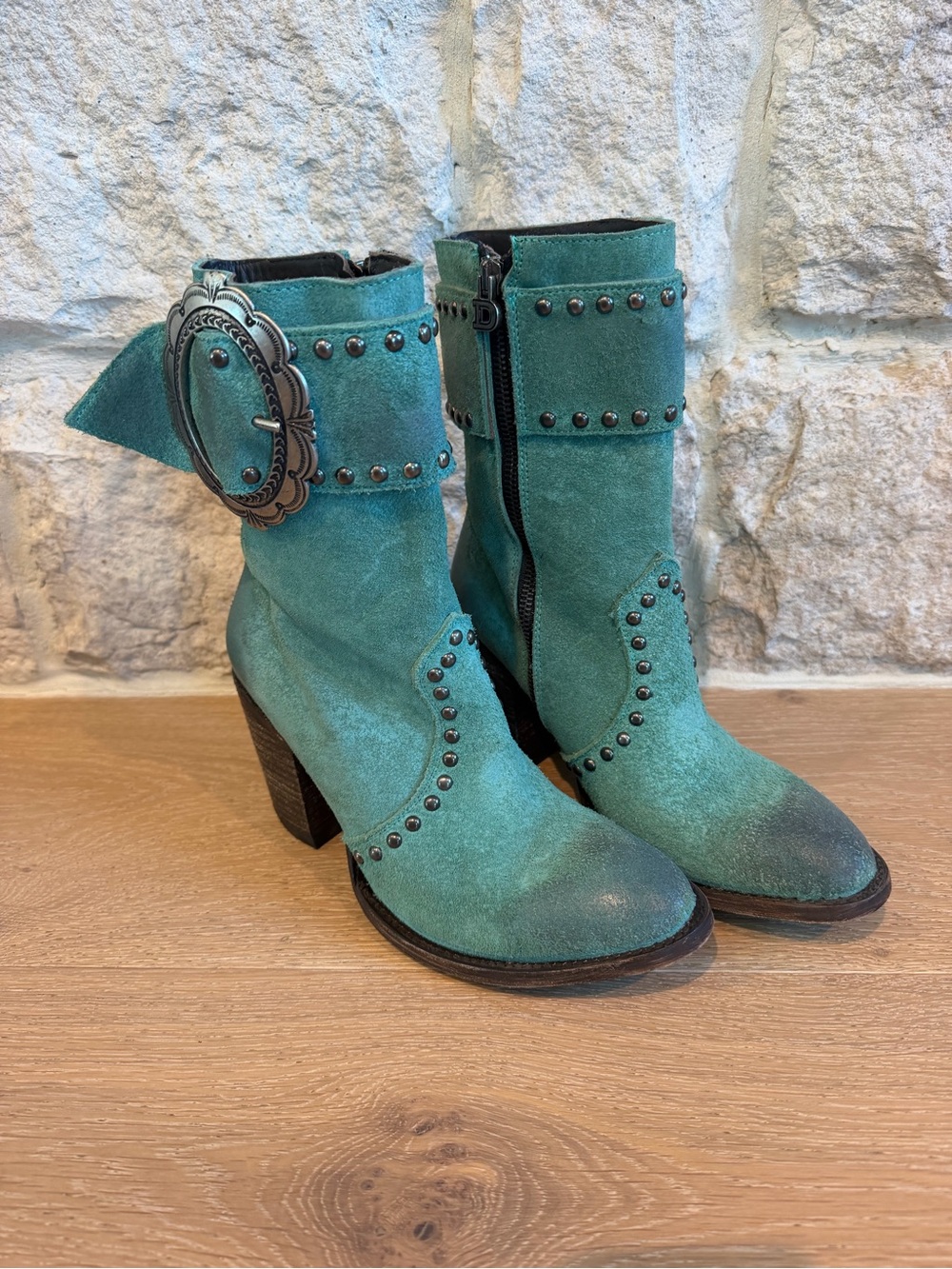 Old Gringo Teal Suede Studded Western Ankle Boots